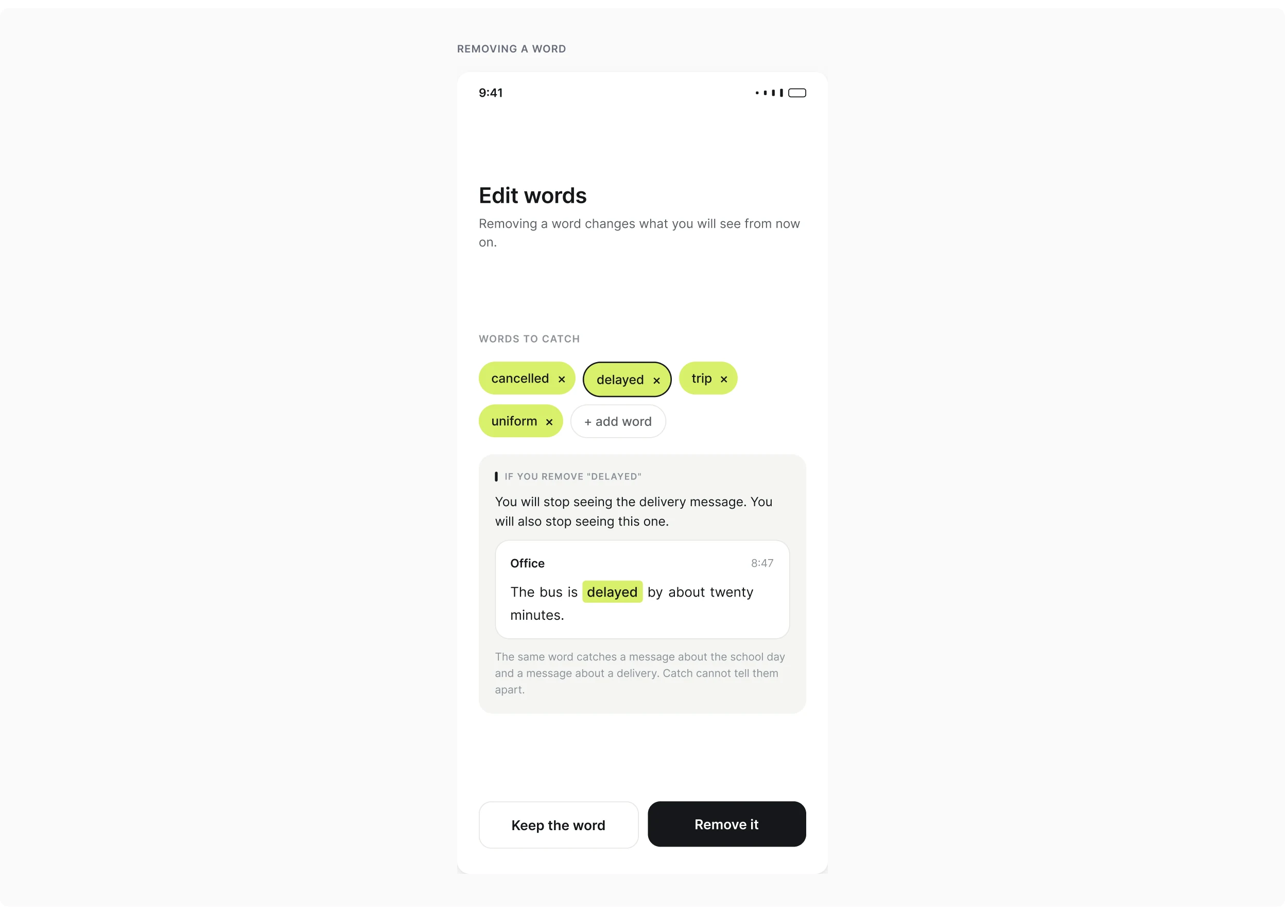 Editing a rule, with the cost of removing a word shown beside the edit