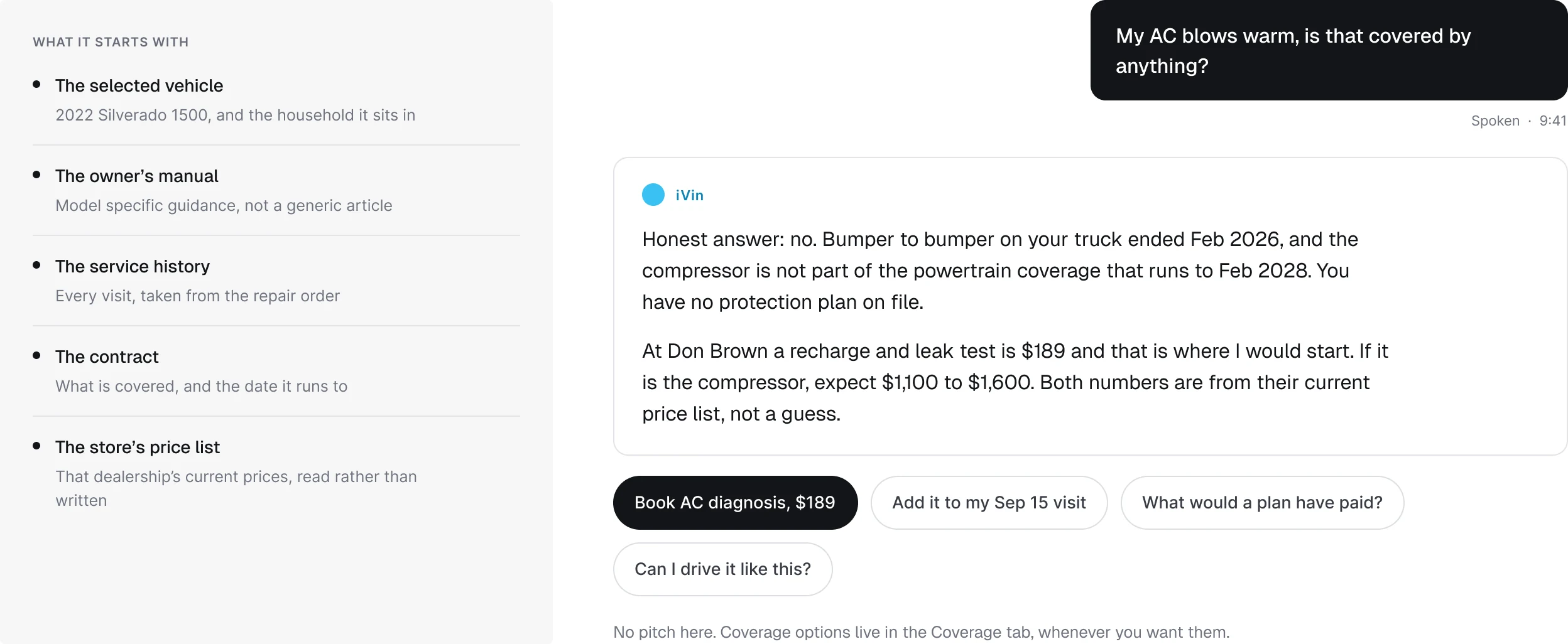 A spoken question answered from the contract and priced from the dealership list