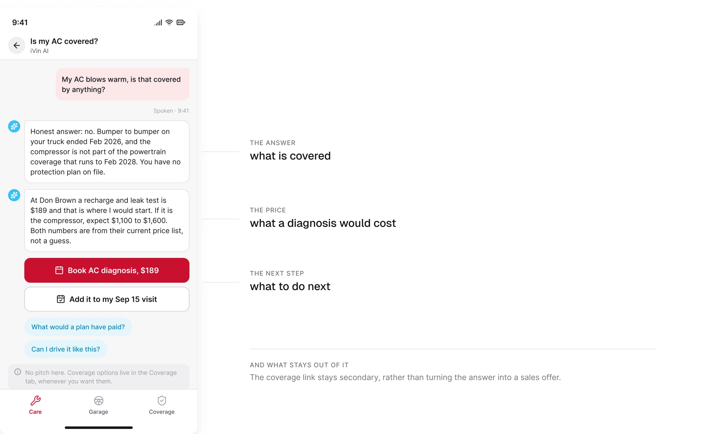 A coverage answer split into what is covered, what it costs and what to do next