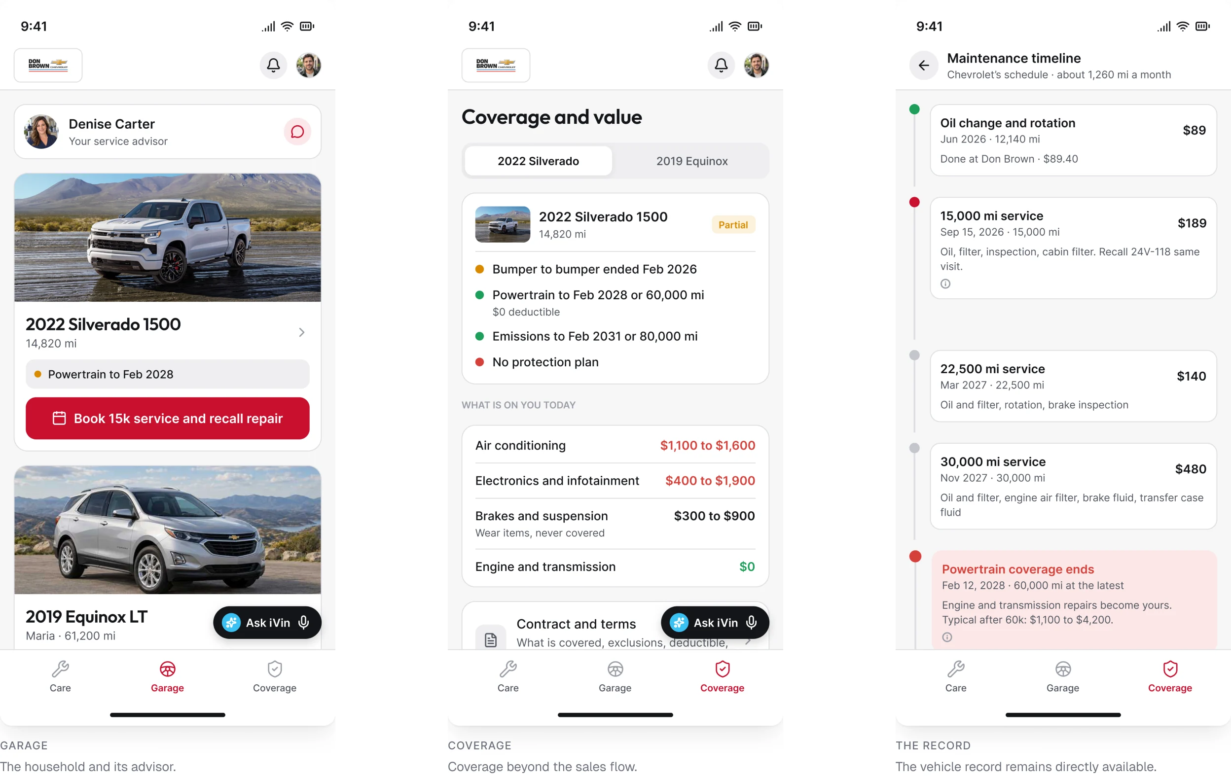 The garage, the coverage view and the vehicle record