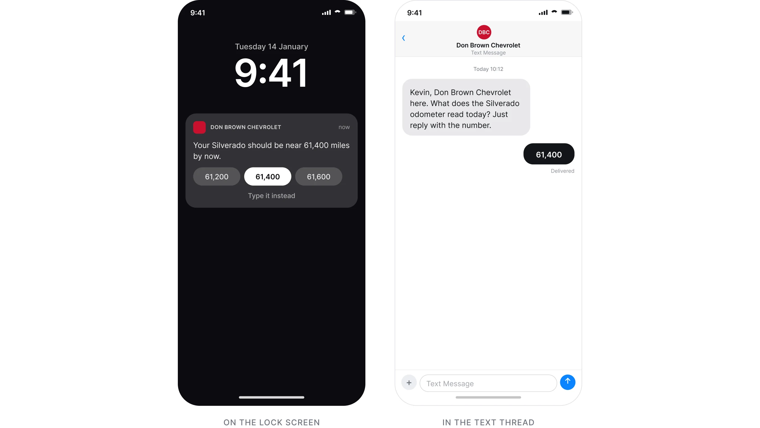 A mileage request shown on a lock screen notification, in a text thread, and inside the app