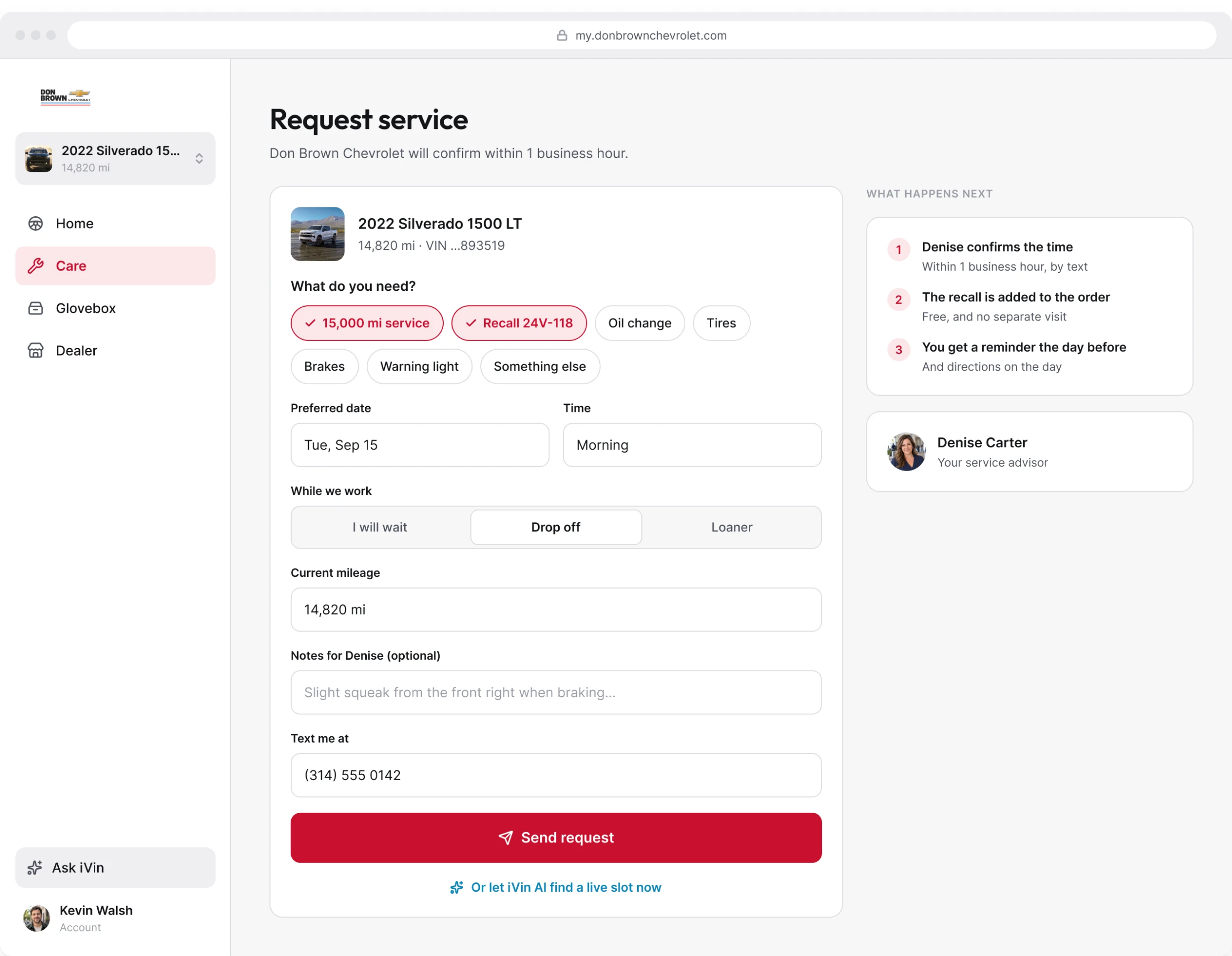 The booking screen opening with the vehicle already selected