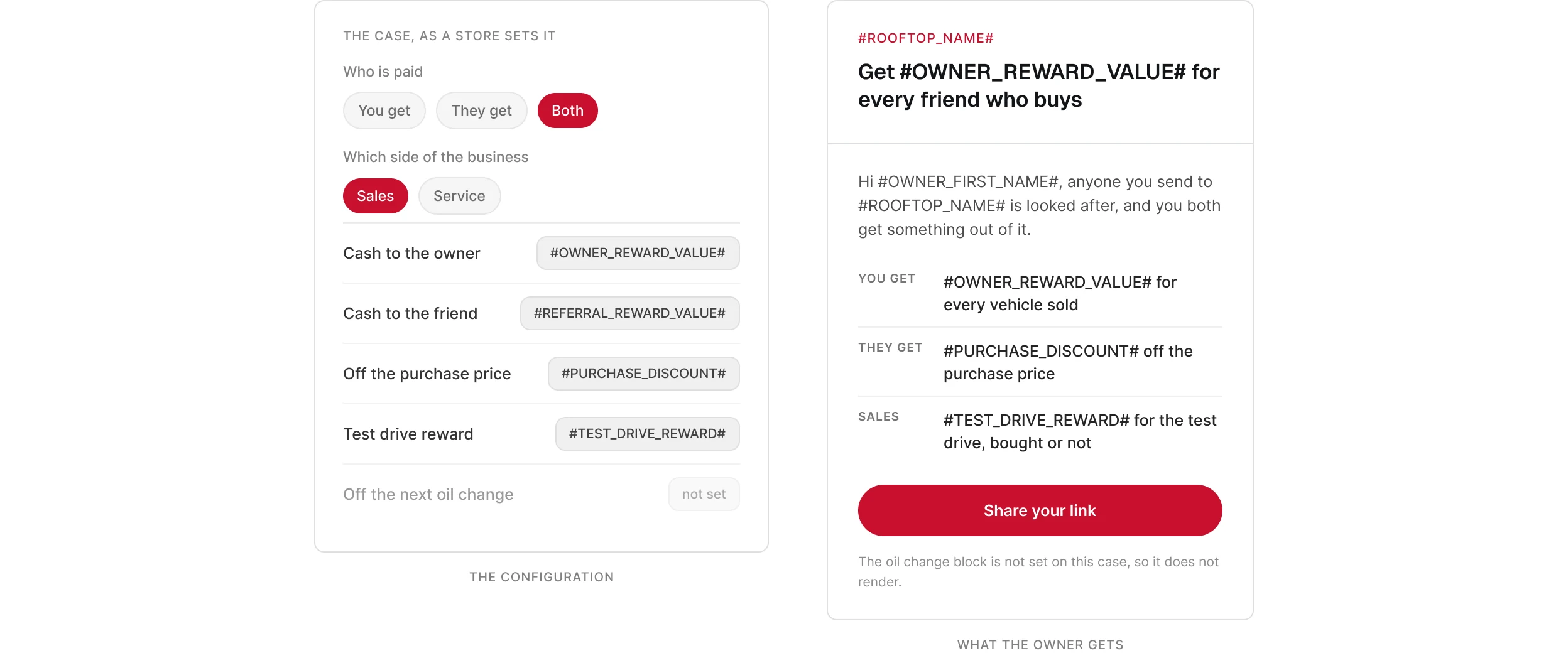 The case configurator beside the message it assembles, with reward lines appearing as each setting is switched on
