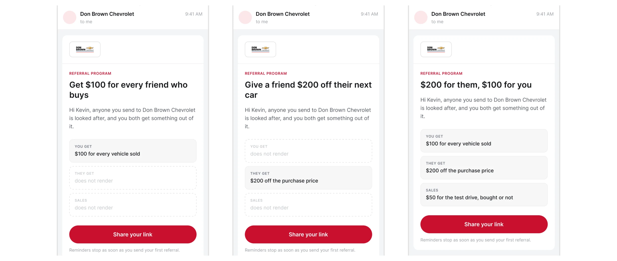 The same invitation email rendered for three offer configurations side by side