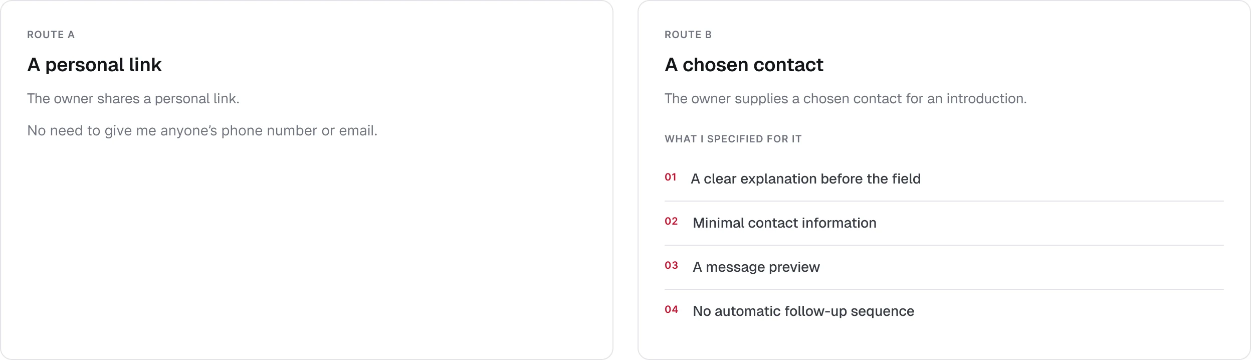 Two share routes side by side: a personal link, and a chosen contact with a preview before anything is sent
