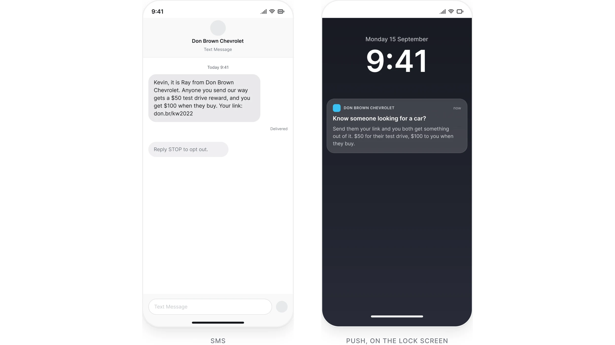 The referral offer as an SMS and as a push notification on the lock screen