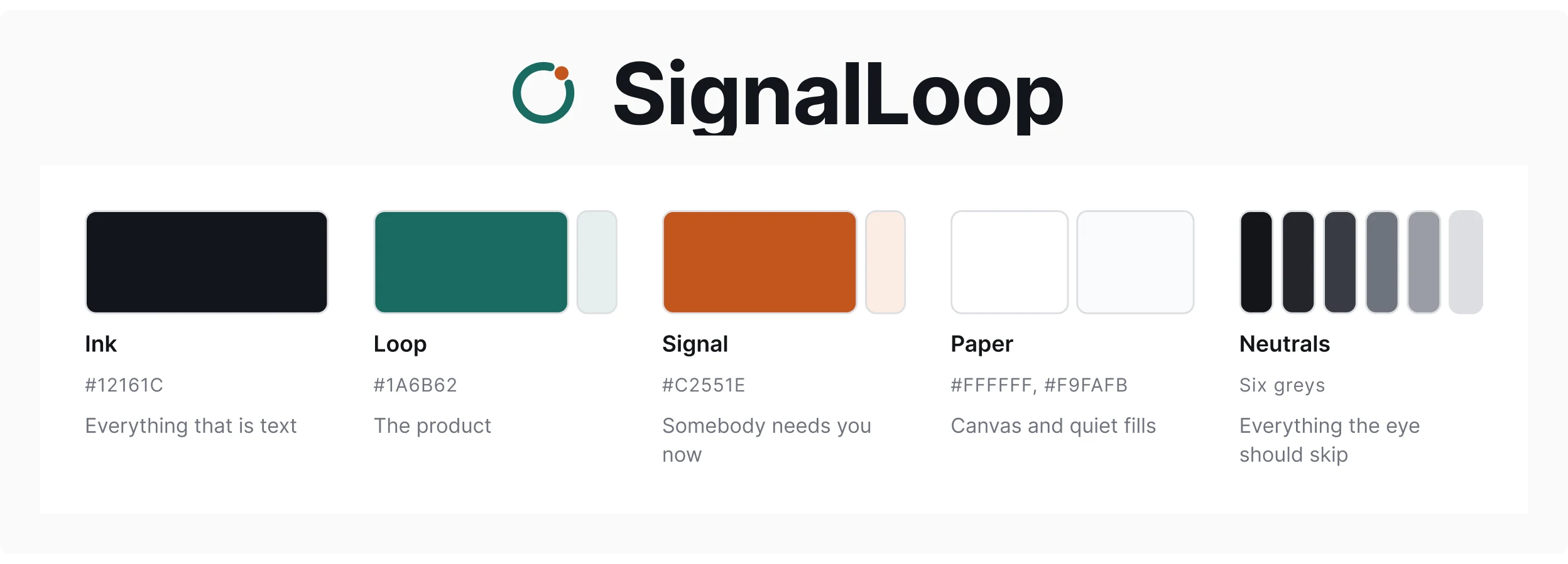 The SignalLoop mark and its restrained palette