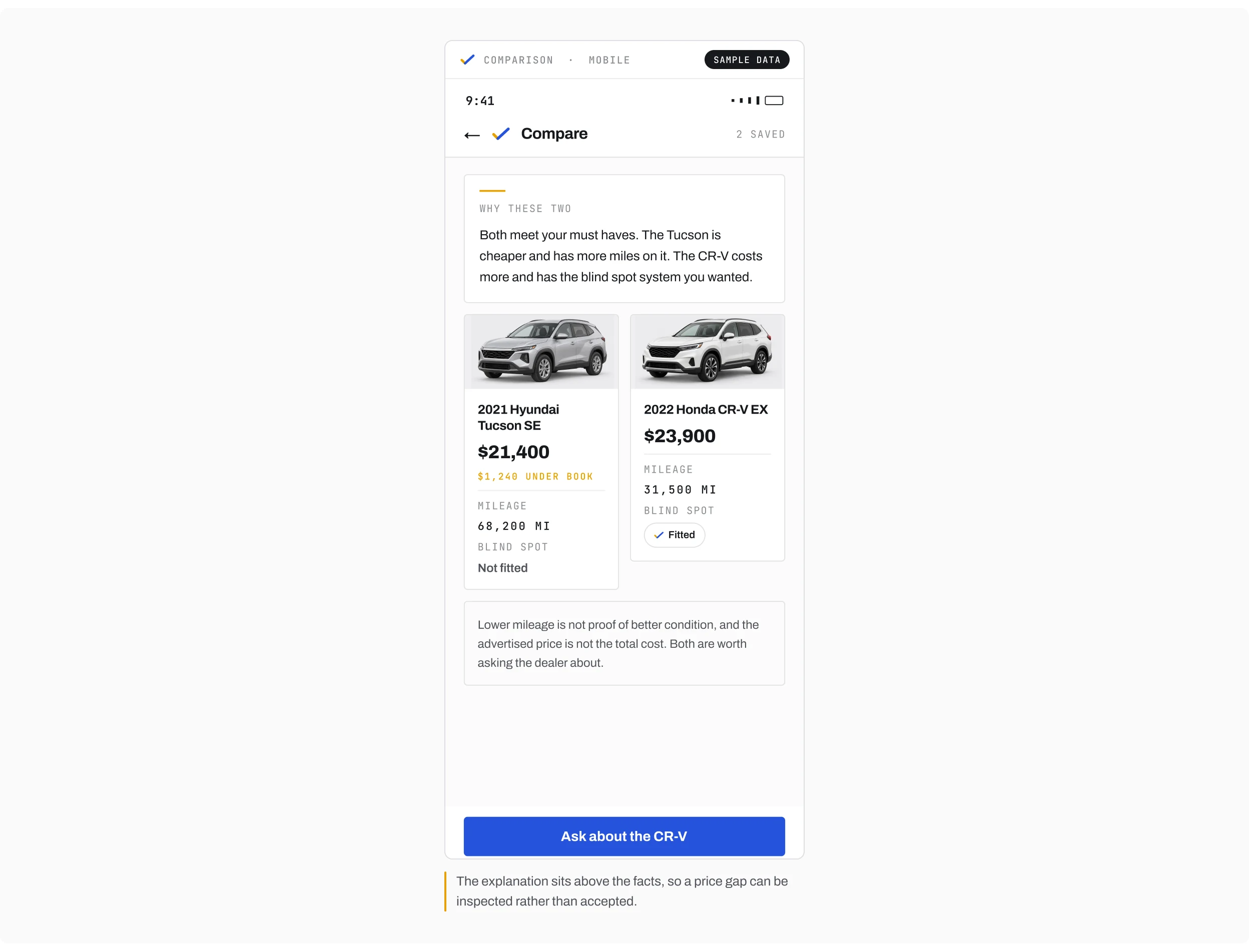 A comparison with the assistant explanation beside the vehicle facts