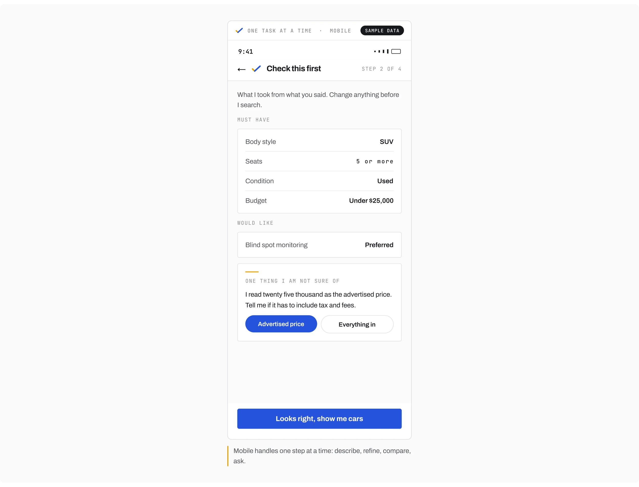 The mobile prototype, one task per screen
