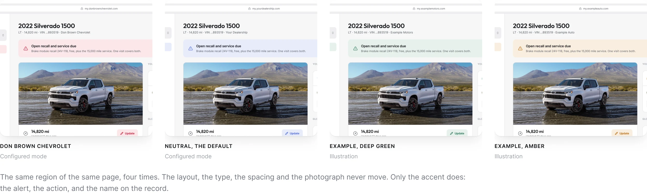The same vehicle page rendered in four dealership themes