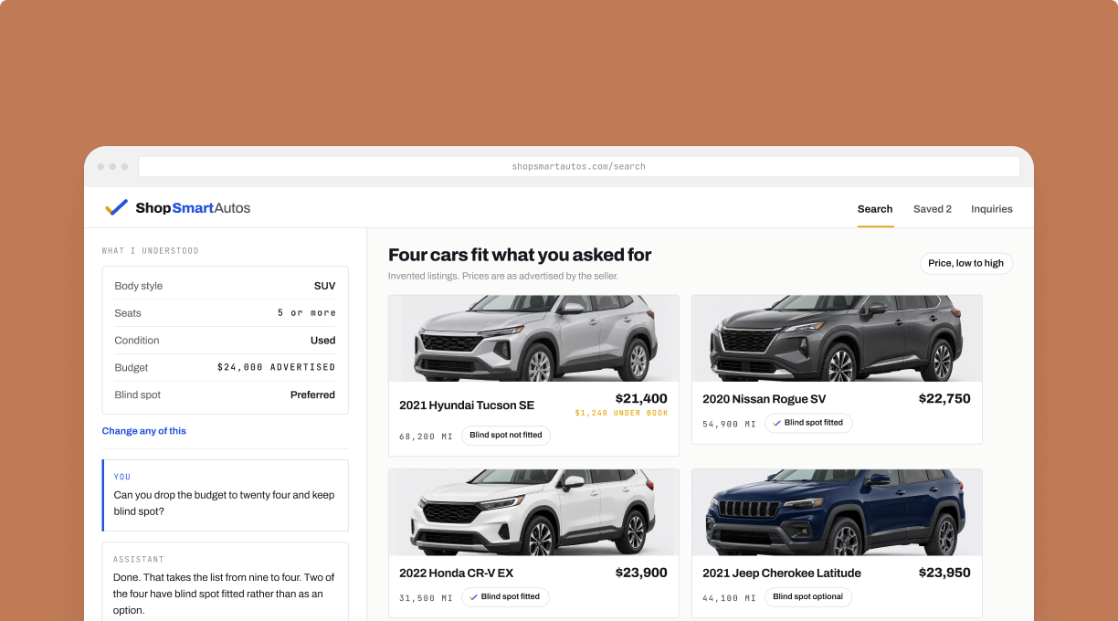 The ShopSmartAutos results view with four matched cars