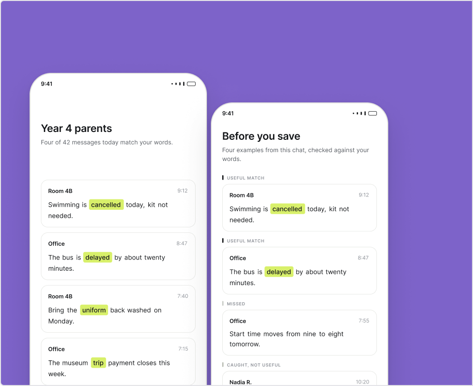 Two Catch screens showing a filtered group chat list