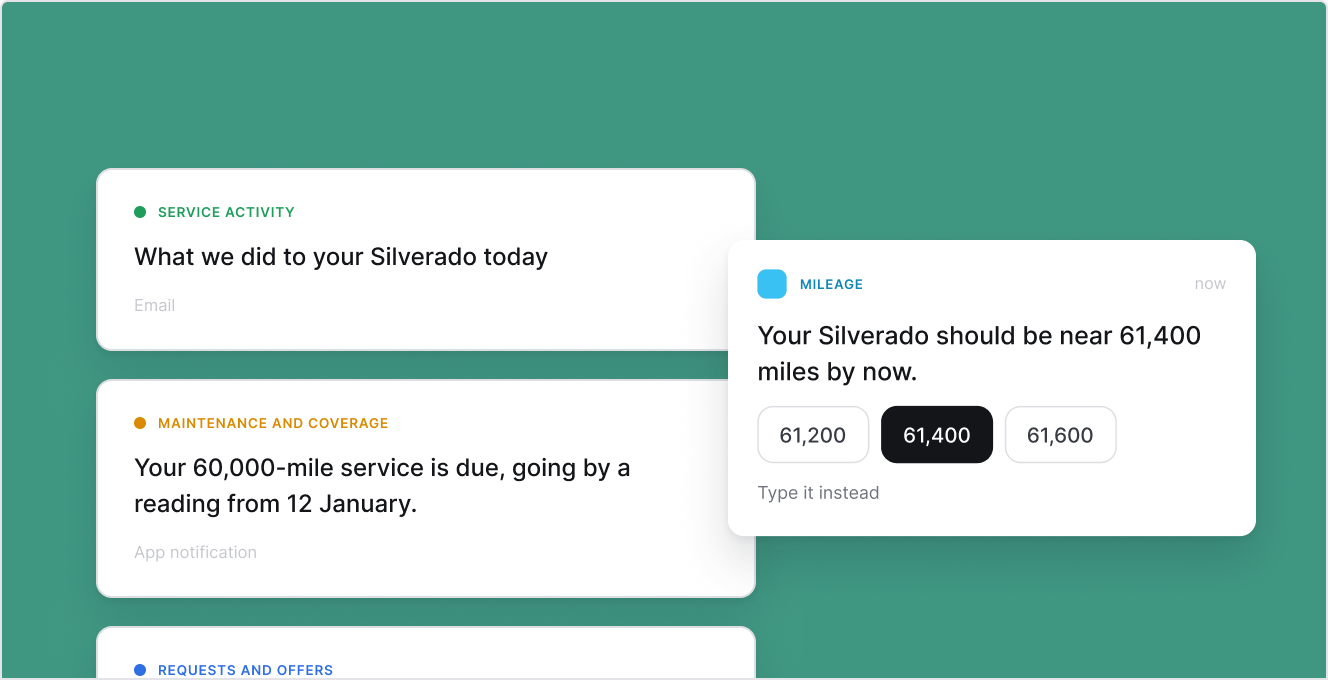 Three lifecycle messages: service activity, maintenance and coverage, and a mileage prompt
