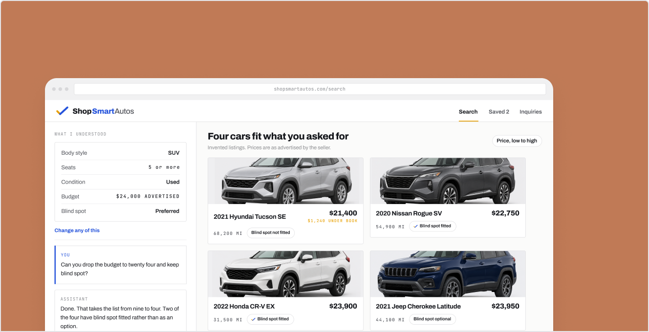 The ShopSmartAutos results view with four matched cars