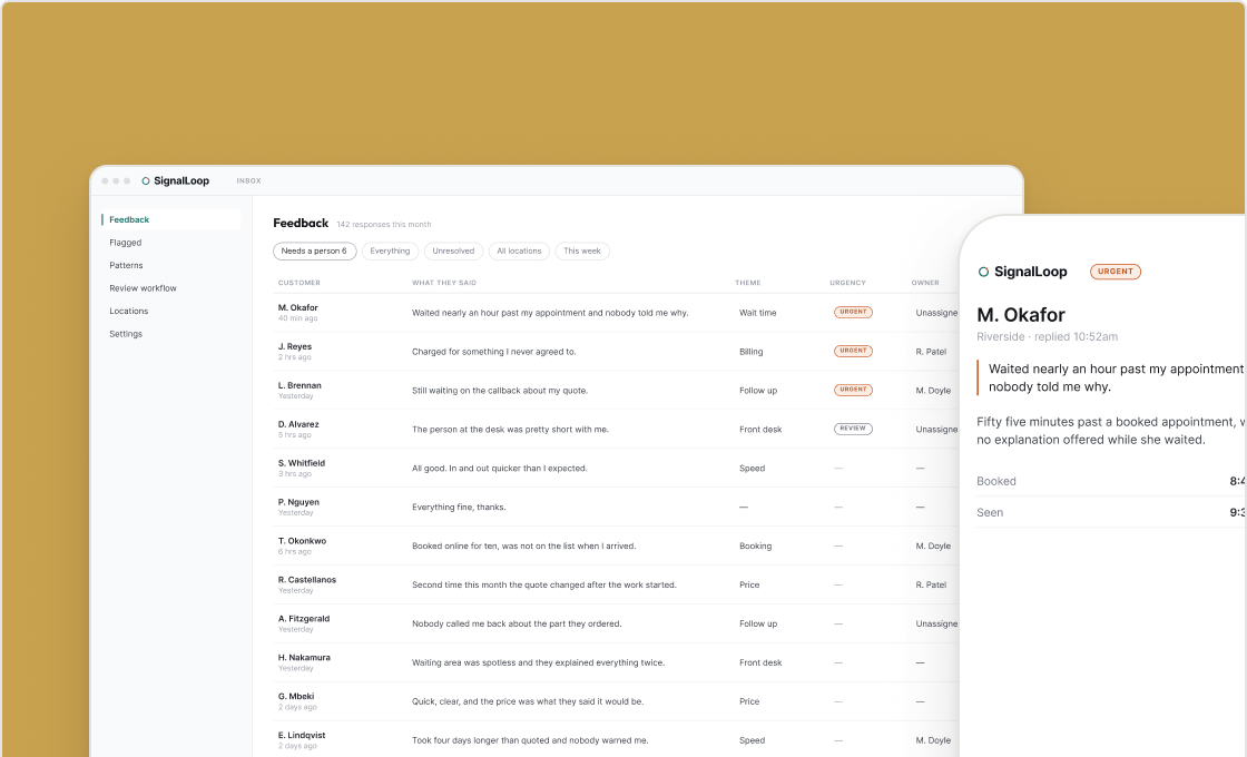 A SignalLoop feedback inbox with sentiment and urgency